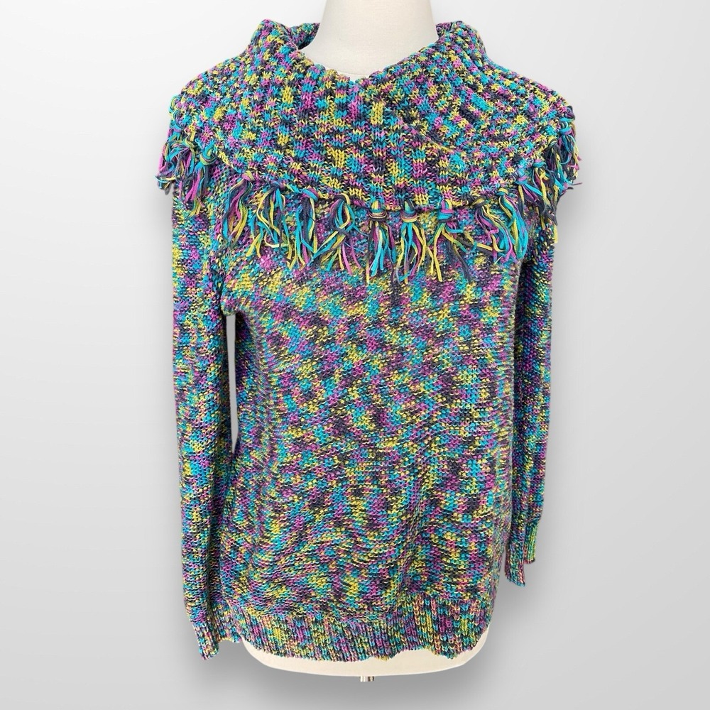 Ruby Rd Womens Size Large Sweater Top‎ Cowl Neck Fringe Multi Color Long Sleeve
